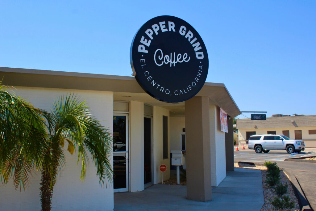 Free-form sign for Peppergrind Coffee